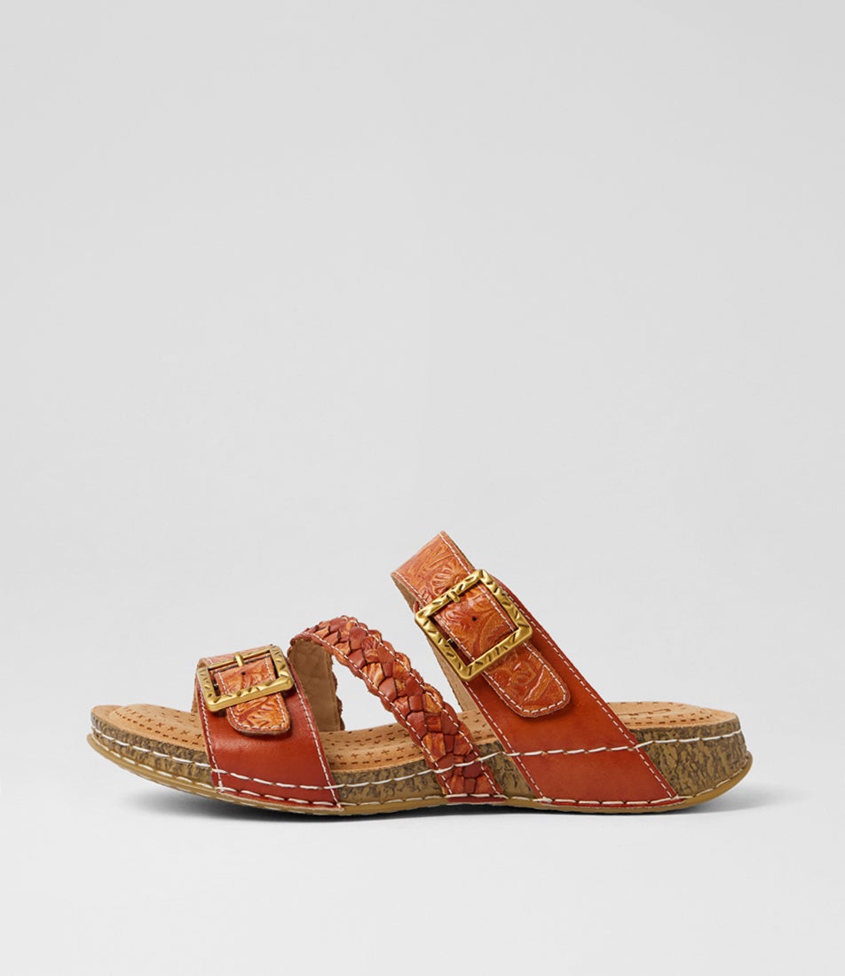 Prena Tan Embossed Leather Slides