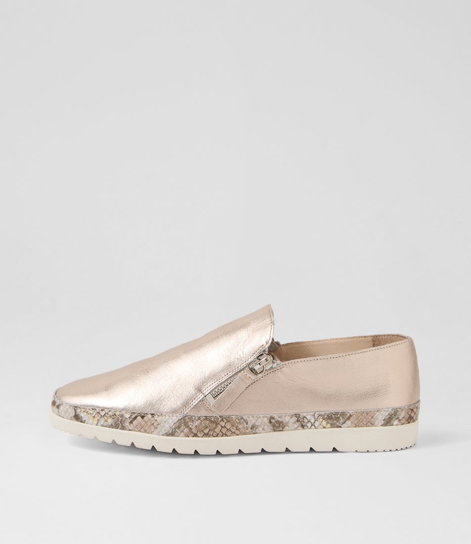 Ashli Platino Neutral Metallic Leather Snake Flat Shoes