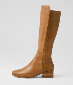 Simsin Mid Tan Leather Stretch Knee High Boots Simsin Mid Tan Leather Stretch Knee High Boots