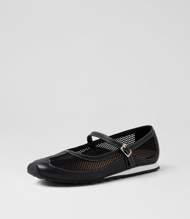 Avah Color Avah Black Leather Mesh Flat Shoes