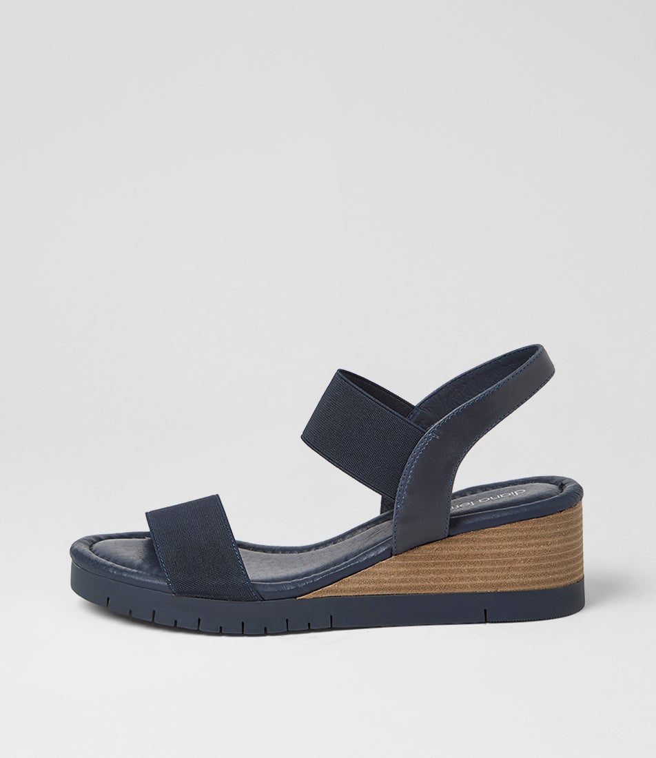Vinno Navy Leather Elastic Heeled Sandals Vinno Navy Leather Elastic Heeled Sandals