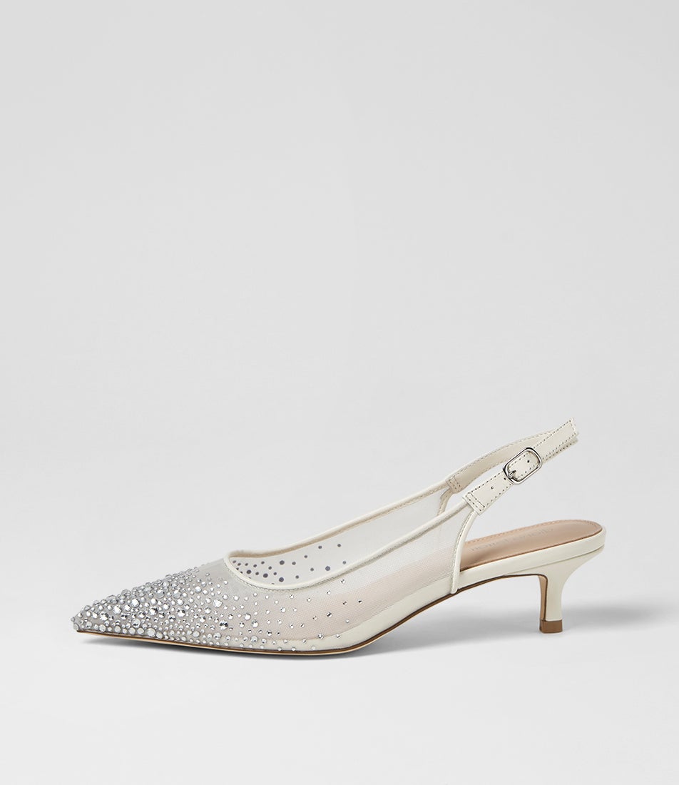 Quille White Silver Jewel Mesh Leather Heels