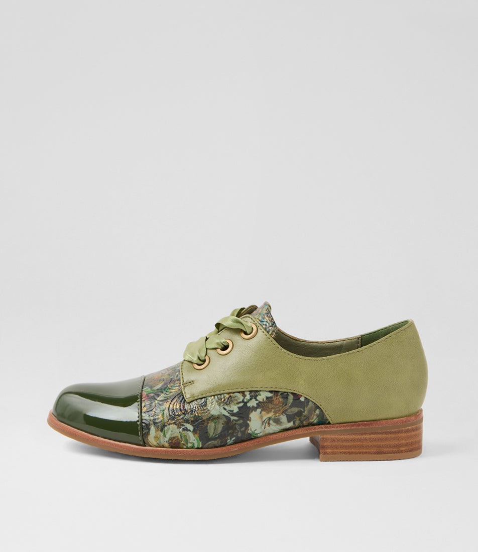 Hannie Dark Khaki Olive Floral Patent Pu Lace Up Flats