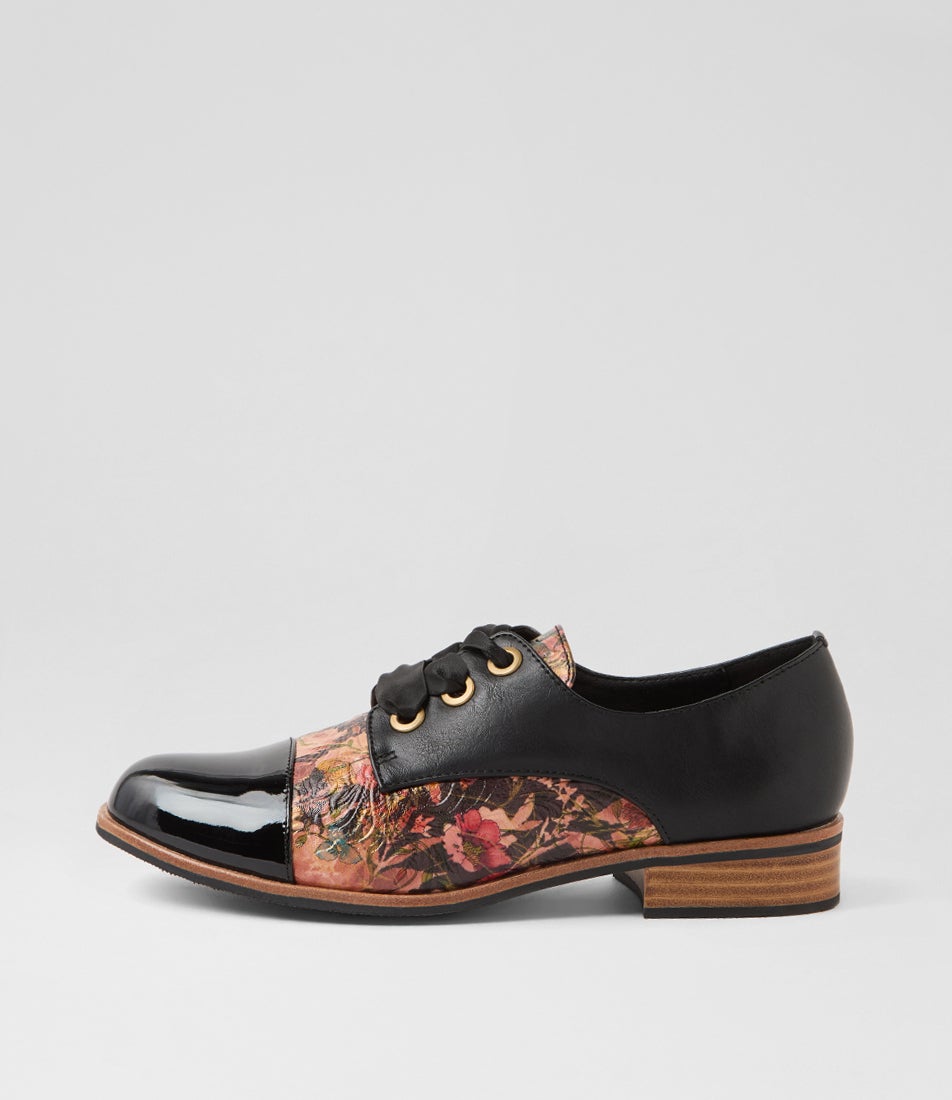 Hannie Black Cafe Floral Patent Pu Lace Up Flats Hannie Black Cafe Floral Patent Pu Lace Up Flats