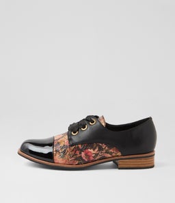 Hannie Black Cafe Floral Patent Pu Lace Up Flats Hannie Black Cafe Floral Patent Pu Lace Up Flats