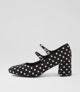 Eiko Black White Spot Fabric Mary Jane Heels Eiko Black White Spot Fabric Mary Jane Heels