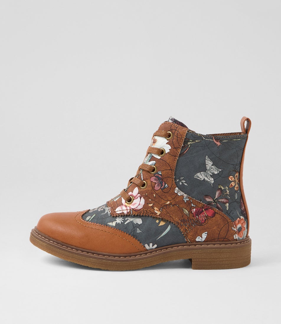 Bokoa Tan Steel Floral Ankle Boots