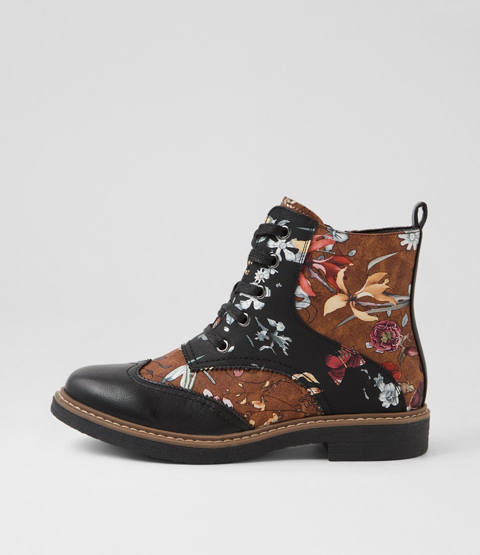 Bokoa Black Tan Floral Ankle Boots Bokoa Black Tan Floral Ankle Boots