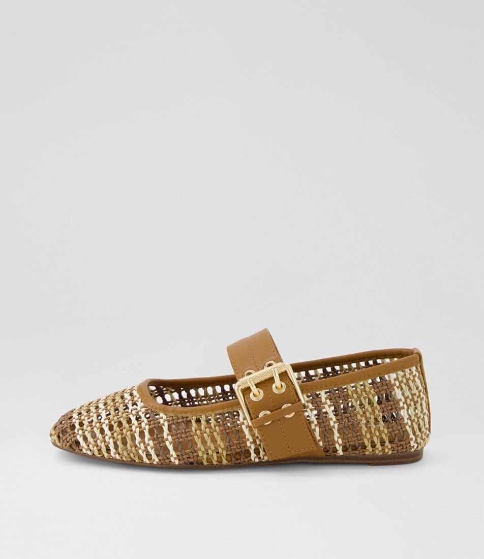 Pollinga Tan Multi Syn Raffia Flat Shoes