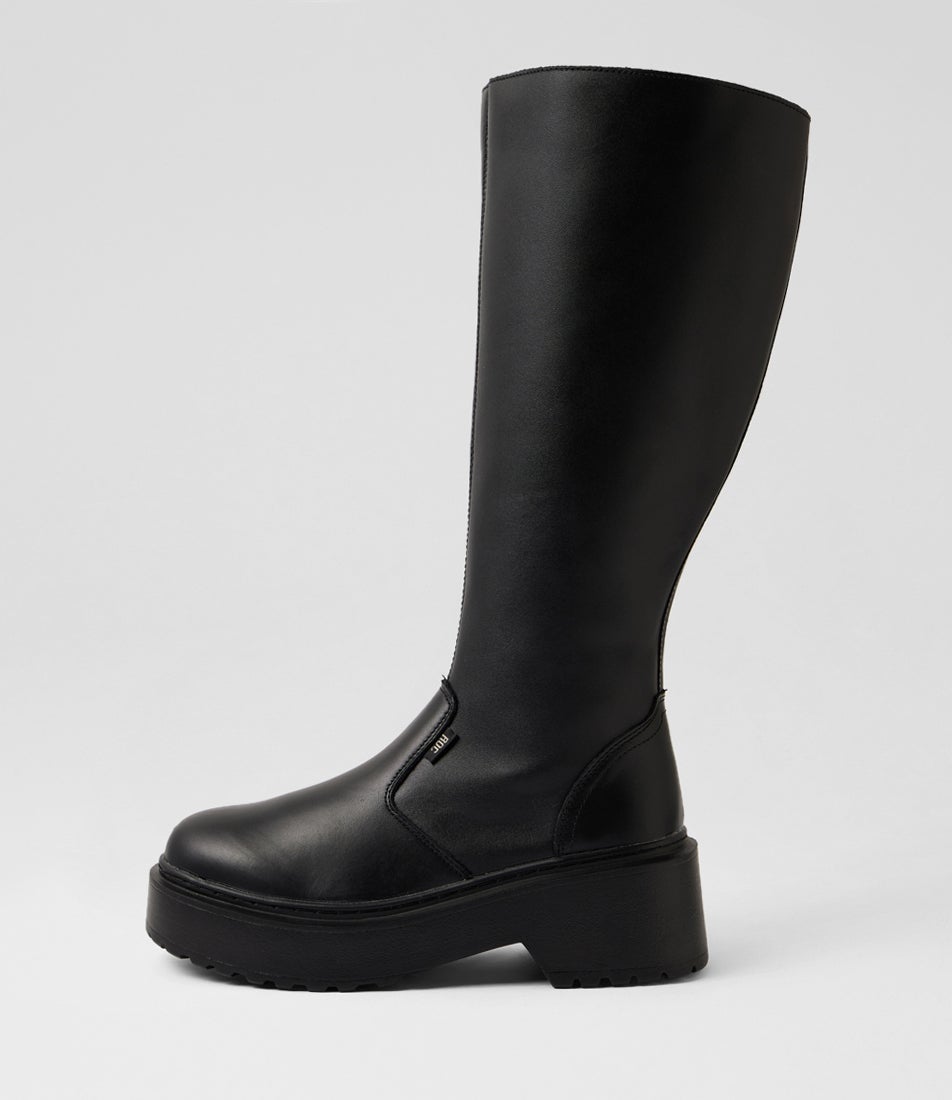 Troupe Wide Calf Black Leather Knee High Boots
