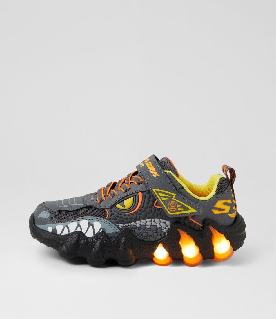 Skech O Saurus Lights 2 Junior Charcoal Orange Fabric Sneakers