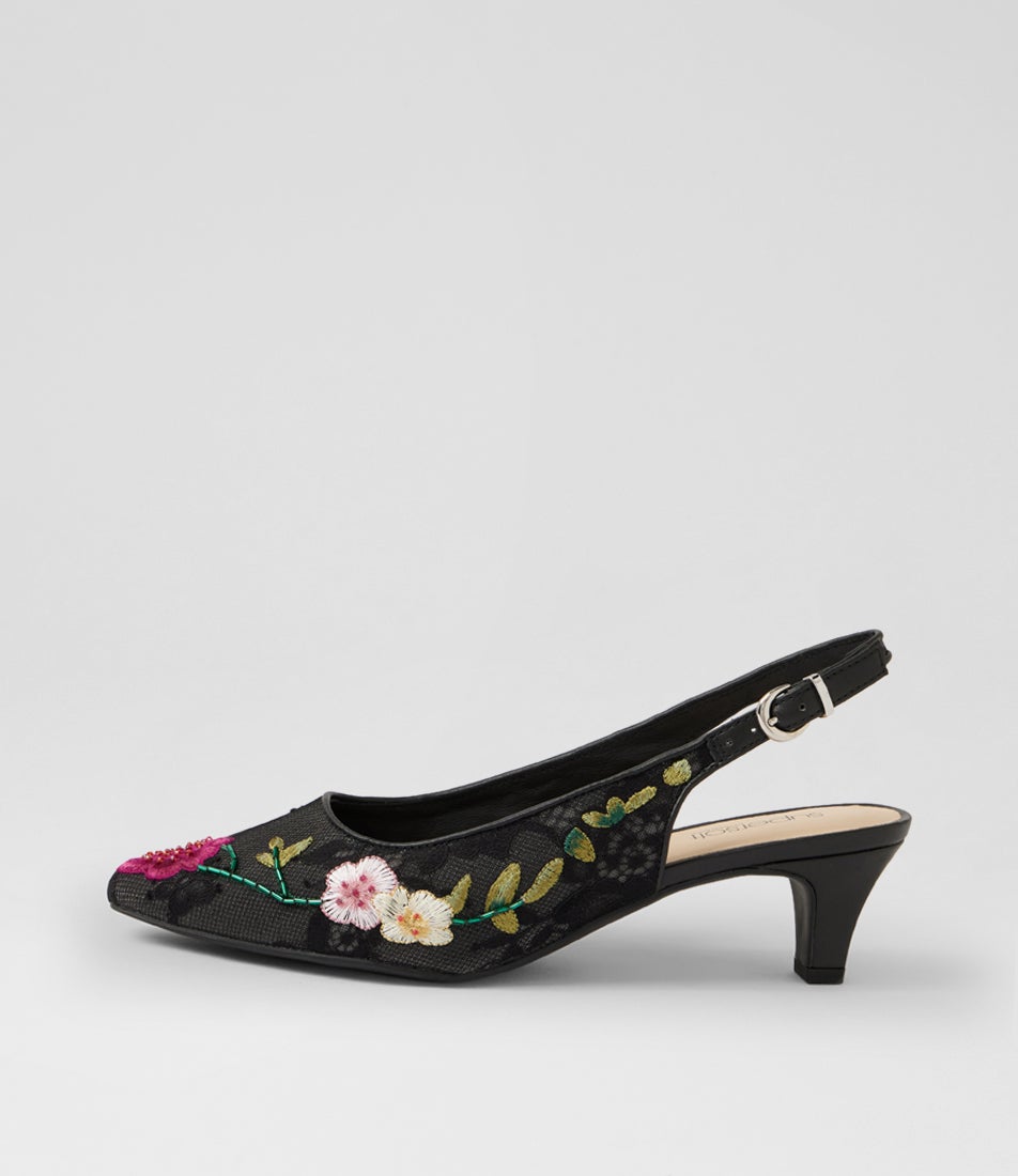Looloo Black Multi Flower Mesh Leather Heels Looloo Black Multi Flower Mesh Leather Heels