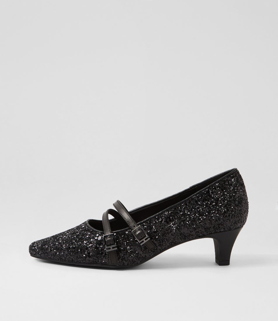 Lavis Black Glitter Leather Heels Lavis Black Glitter Leather Heels