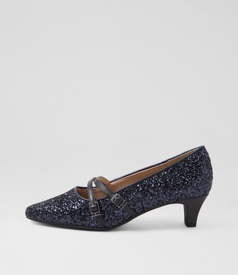 Lavis Navy Glitter Leather Heels