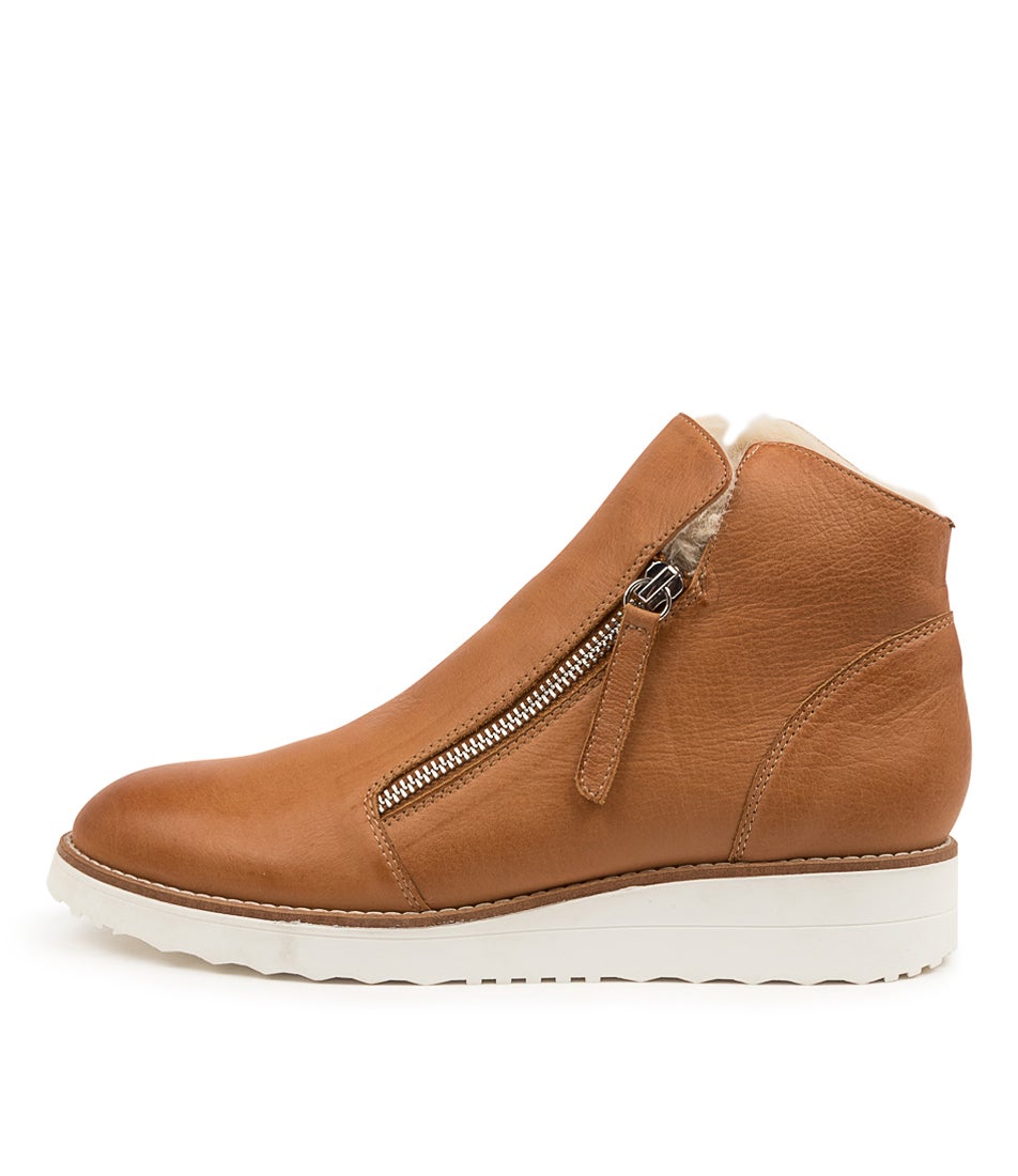 Opal Dark Tan Beige Leather Fur Ankle Boots