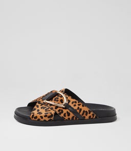Roule Tan Leopard Black Leather Slides Roule Tan Leopard Black Leather Slides