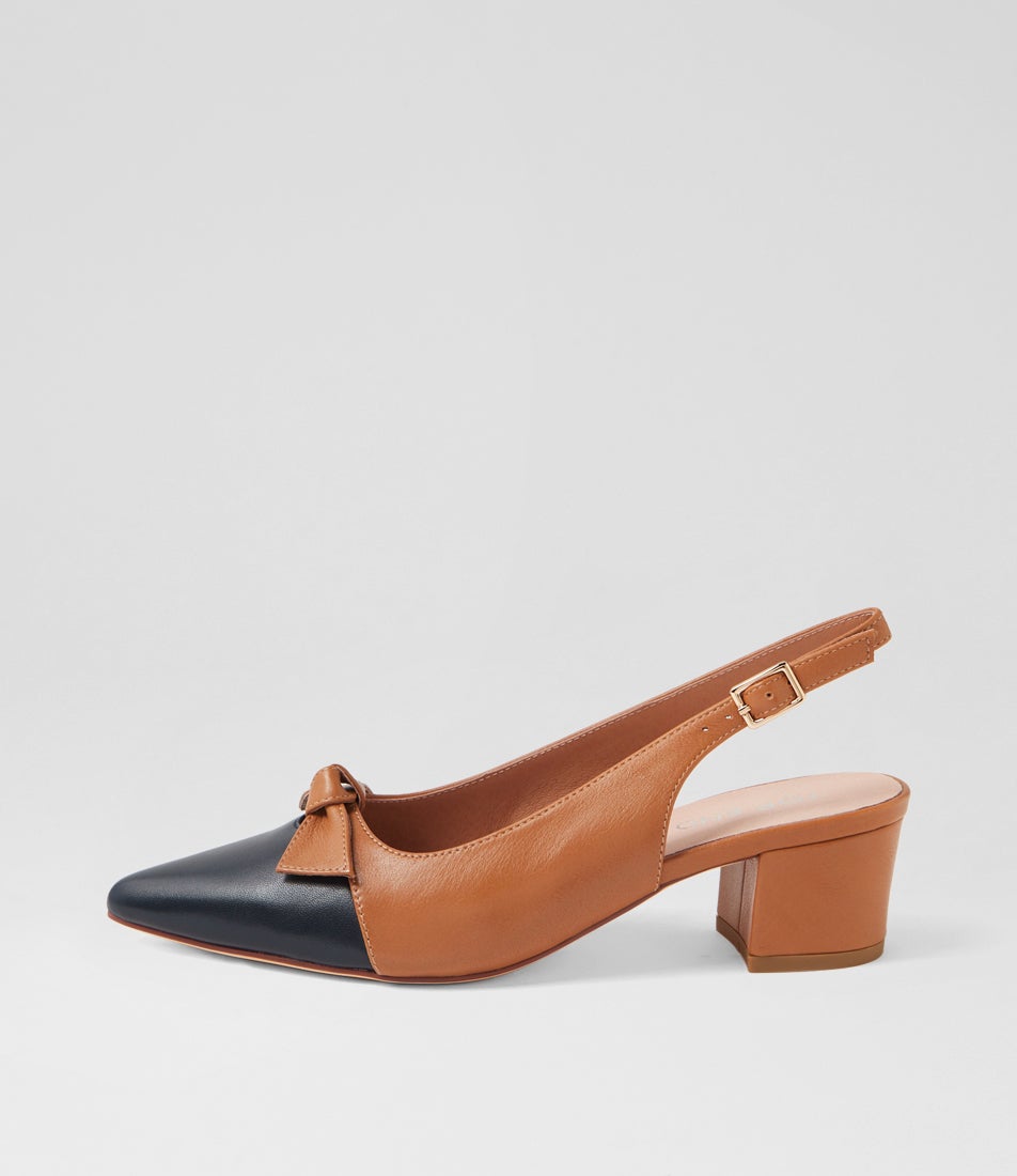 Aymay Navy Dark Tan Leather Heels