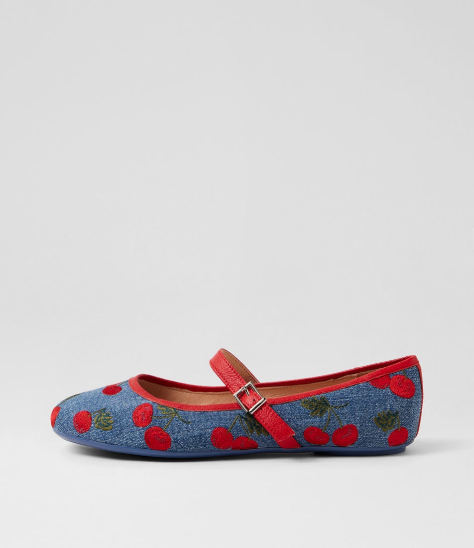 Bountiest Blue Cherries Red Denim Flat Shoes