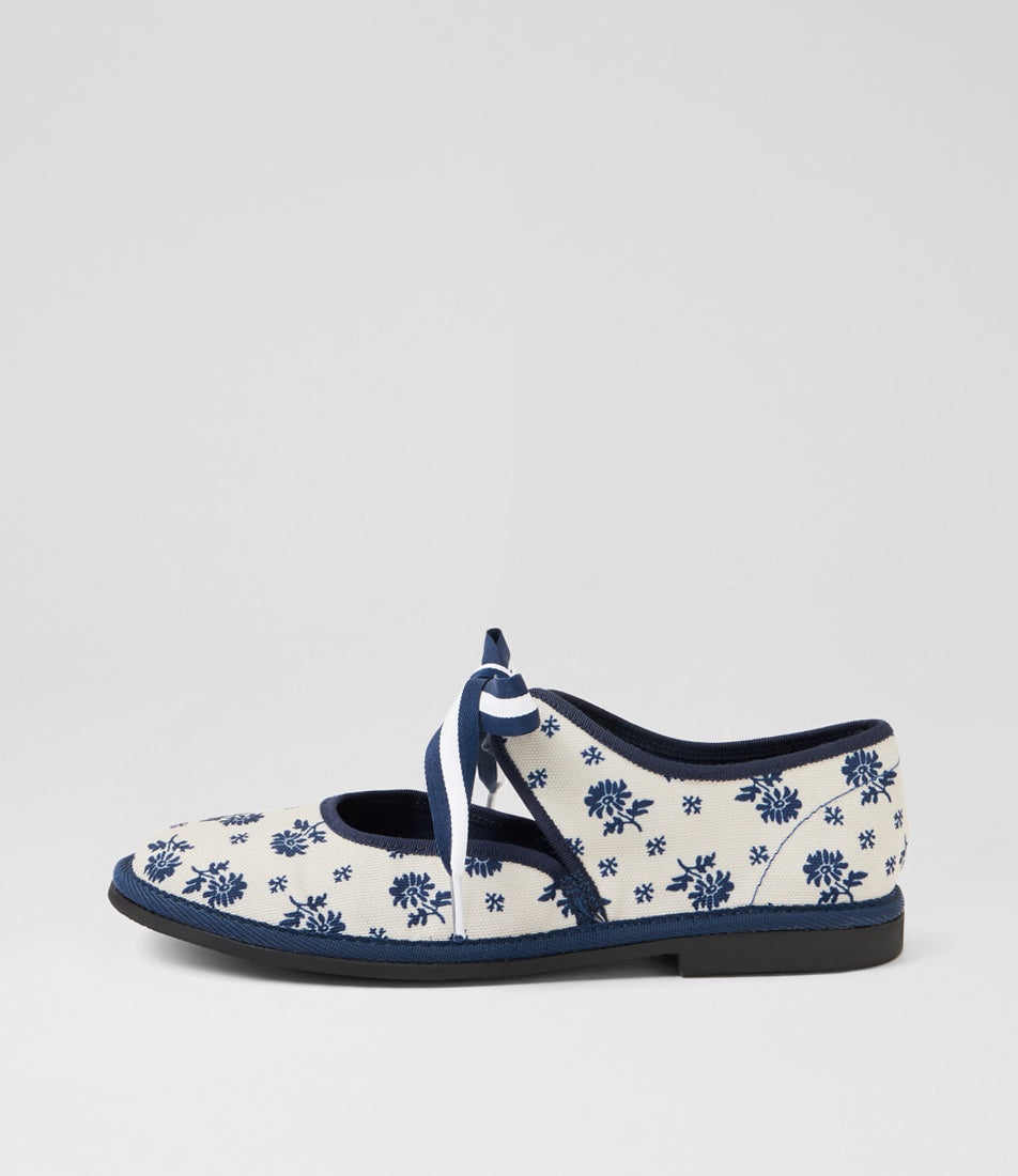 Lexey Cream Navy Flower Fabric Flat Shoes Lexey Cream Navy Flower Fabric Flat Shoes