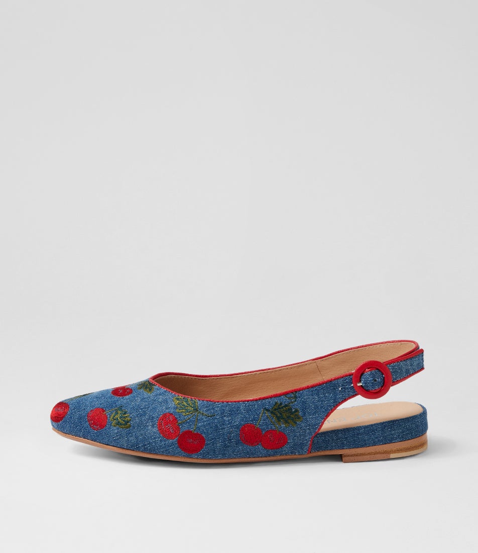 Fairys Blue Cherries Red Fabric Flat Shoes