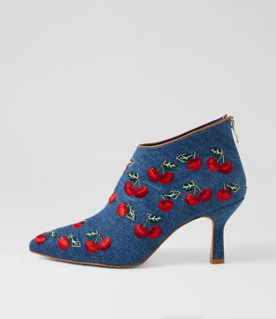 Larasy Blue Cherries Tan Denim Ankle Boots