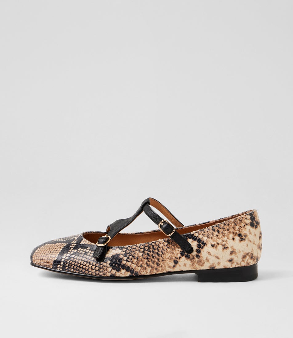 Perman Black Caramel Snake Leather Flat Shoes Perman Black Caramel Snake Leather Flat Shoes