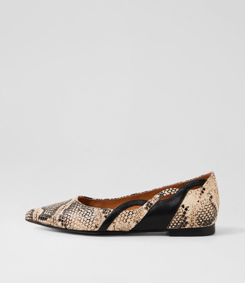 Yesica Latte Black Snake Leather Ballet Flats Yesica Latte Black Snake Leather Ballet Flats