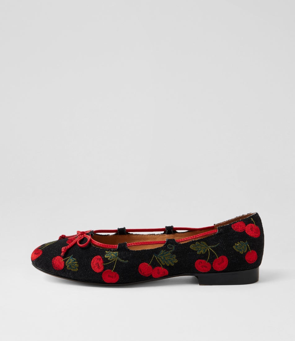 Mellasy Black Cherries Red Fabric Ballet Flats