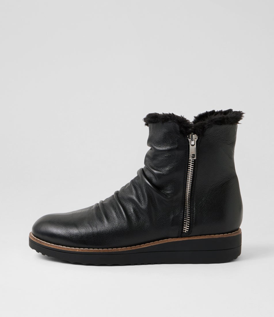 Omage Black Leather Fur Ankle Boots
